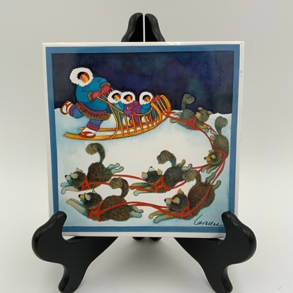 Signed Barbara Lavallee Alaska Eskimo Trivet Tile Wall Art Inuit Sled Dog